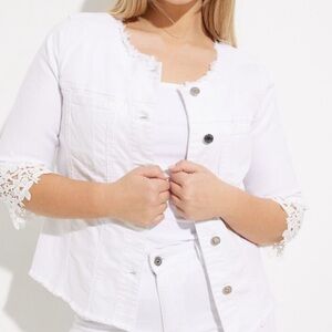 Denim jacket and capri jean set.  Jacket is size large, and jeans are size 14.